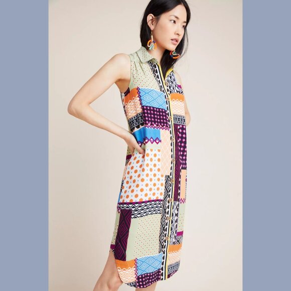 Anthropologie Maeve Everyway Patchwork Dress Shirt Dress Sleeveless Mixed Print - Picture 3 of 11